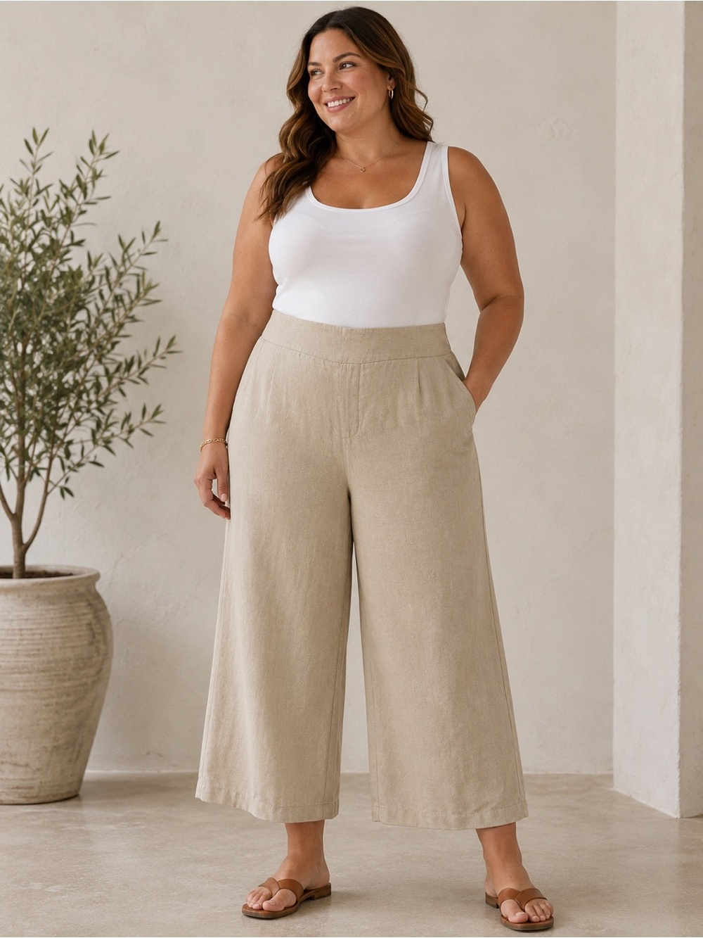 Jessica Simpson 2X Linen Blend Cropped Wide Leg Pants Beige Pull On